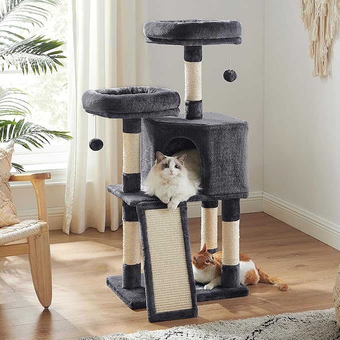 Feandrea Cat Tower, Cat Tree for Indoor Cats, 45.3-Inch Cat Condo with Scratching Post, Ramp, Perch, Spacious Cat Cave, for Kittens, Elderly Cats, Adult Cats, Small Space, Smoky Gray UPCT141G01
