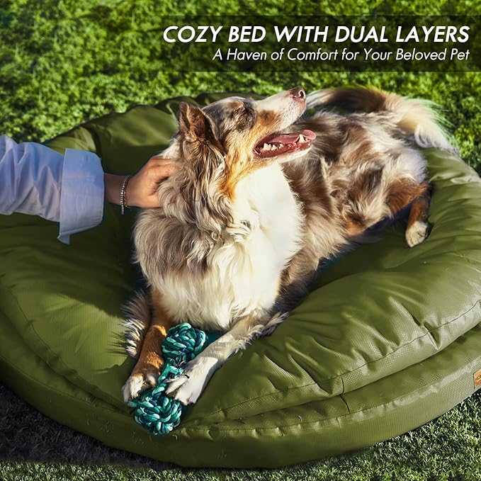 ClevaHome Orthopedic Dog Bed for Large Dogs, Dual Layer Water Repellent Round Pet Bed with Washable Cover Nonslip Bottom (Olive Branch)