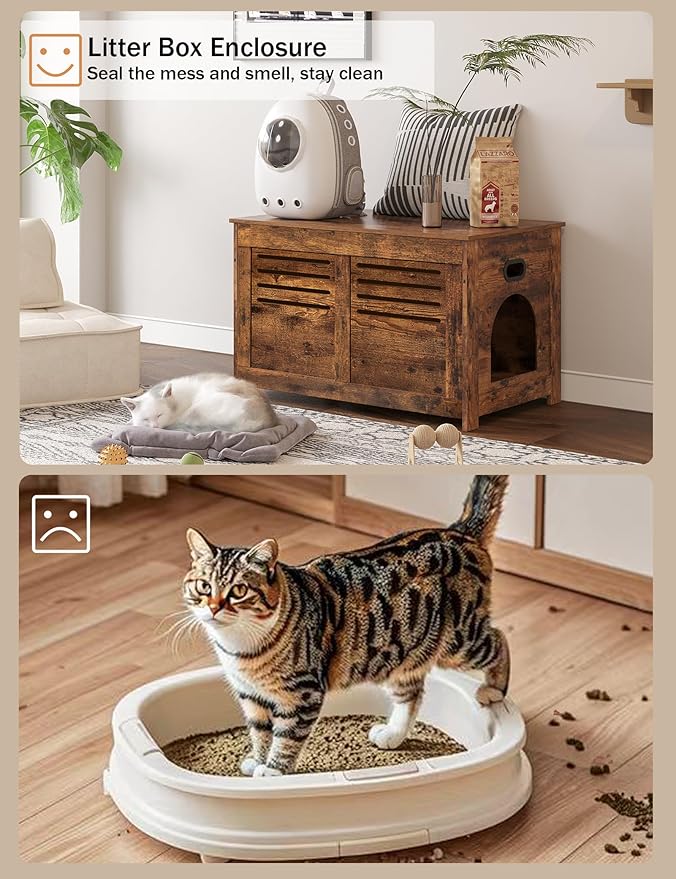 DINZI LVJ Litter Box Enclosure, Flip Top Litter Box Furniture, Hidden Cat Washroom, Wooden Cat House, End Table, 31.5" L x 19.7" W x 19.7" H, Good Ventilation, Easy to Assemble, Rustic Brown