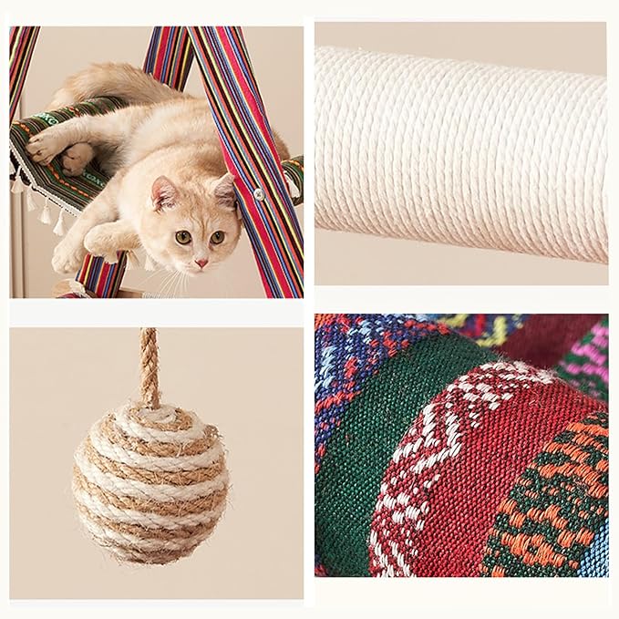 SHENGOCASE 3-Tier Modern Boho Style A Frame Wooden Cat Tree Tower Ladder with Multi-Level Bed Hammock for Large Cat and Sctatching Post, Hanging Toy Ball (Boho)