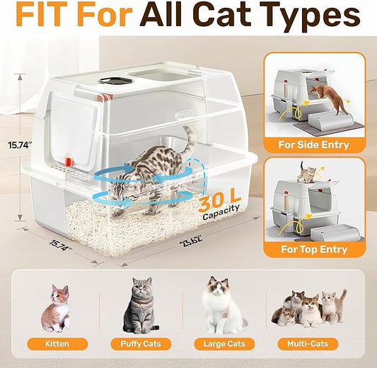 XL Stainless Steel Cat Litter Box with Enclosure and Pooper Scooper - Durable Black Metal Litter Box for Big Cats, High Sides for Anti-Leakage, Never Absorbs Odors, Non-Sticky - (60x40cm) (White)