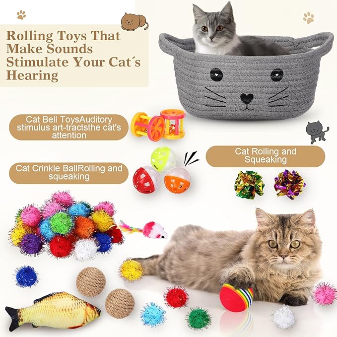 Zopeal 58 Pcs Cat Storage Basket Gift Toys Set, Colorful Flashing Balls Pet Bell Crinkle Balls Spring Toys Attract Cat to Swat, Bite, Hunt, Interactive for Pet(Grey,9.8 Inch)