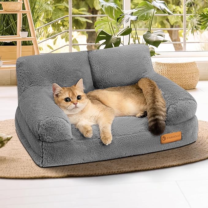 Cat Couch Bed - Cat Bed for Indoor Cats, Calming Pet Sofa Puppy Sleeping Bed with Removable Washable Cover, Cute Dog Couch and Kitty Lounge Chair for 12lbs Cats & Small Dogs(Light Grey)