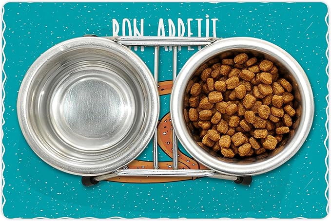 Lunarable Bon Appetit Pet Mat for Food and Water, Pretzel Design Bon Appetit Lettering Hand Drawn Cartoon Food Words, Non-Slip Rubber Mat for Dogs and Cats, 18" X 12", White Brown