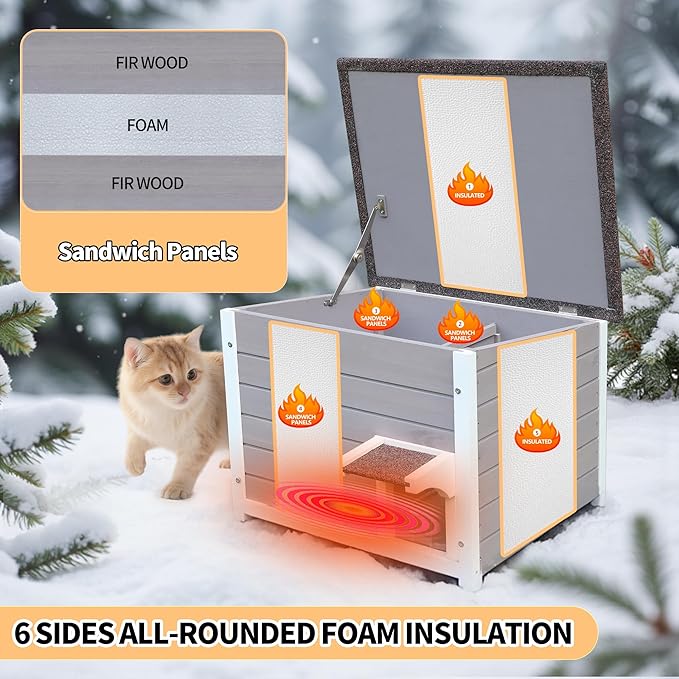Rockever Outdoor Cat House, 100% Insulated Cat House for Outdoor Cats Weatherproof Feral cat House for All-Round Foam Layers Filling (Grey, L)
