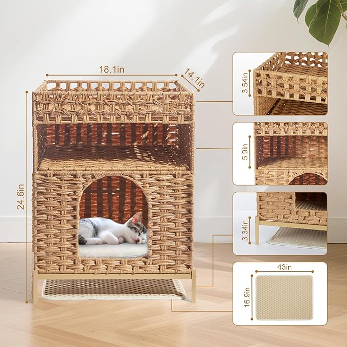 Cat Litter Box Enclosure Furniture - Handwoven Rattan Hidden Litter Box Enclosure with Mat, 24.6 x 18.1 x 14.1 Inches Hidden Cat House for Living Room, Bedroom Natural