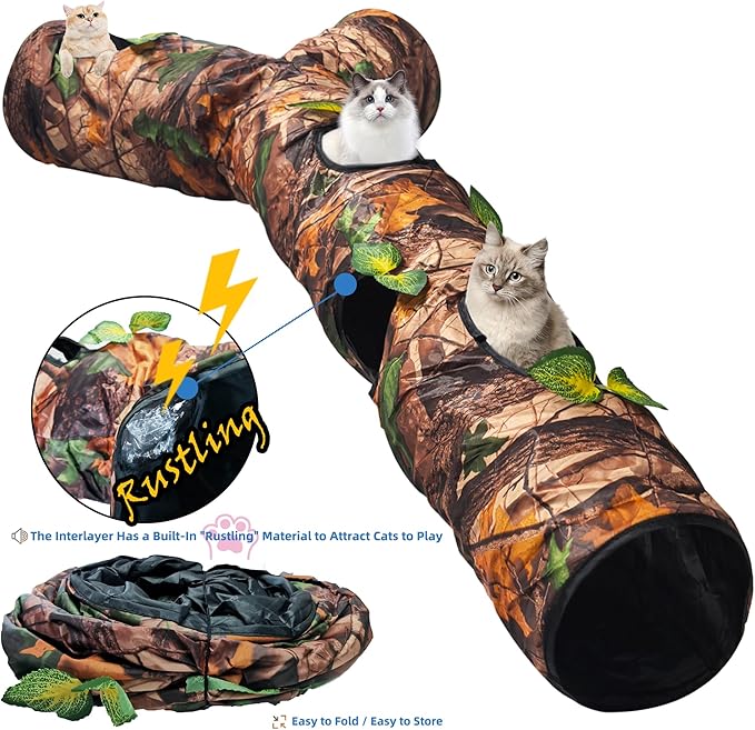 Cat Tunnel,59" Large Y-Shape Cat Cave with 3 Rustle Channels & Leaves, Portable Cat Bed Toy for Indoor Kittens & Small Pets to Chase and Play, Easy Storage (Brown)