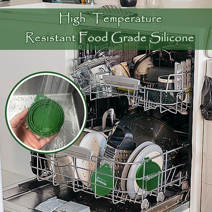 Christmas Pet Set - 3 Cat Food Can Lids & 1 BPA-Free Can Opener | Cute Paw Shape Opener Spatula Spoon for Wet Food | Silicone Spoon & Covers for Dog Cat - Christmas Green