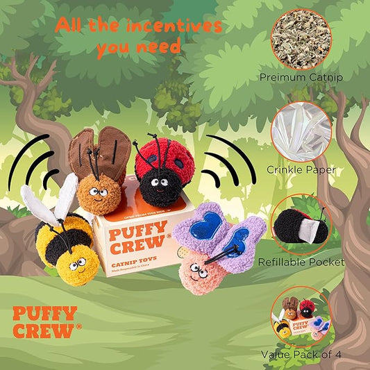 Interactive Catnip Cat Plush Toy, Insect Theme, 5'', for All Breed Size Cats (4 in 1)