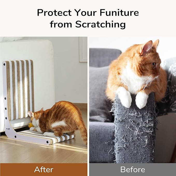 FUKUMARU Cat Scratcher, 18.9 Inch L Shape Cat Scratch Pad, Strip Pattern Cats Scratching Post Wall Mounted, Cardboard Cats Scratcher with Ball Toy for Indoor Kitty, Fun Playing Box Included, M