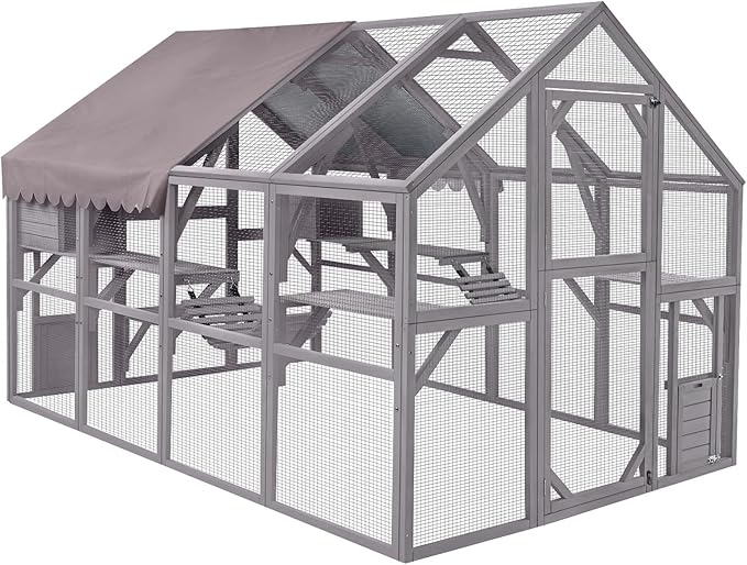 Aivituvin Catio Outdoor Cat Enclosure Large Cat Run with Bridges, Walks, Small Houses, Roof Cover 110"
