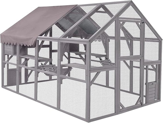 Aivituvin Catio Outdoor Cat Enclosure Large Cat Run with Bridges, Walks, Small Houses, Roof Cover 110"