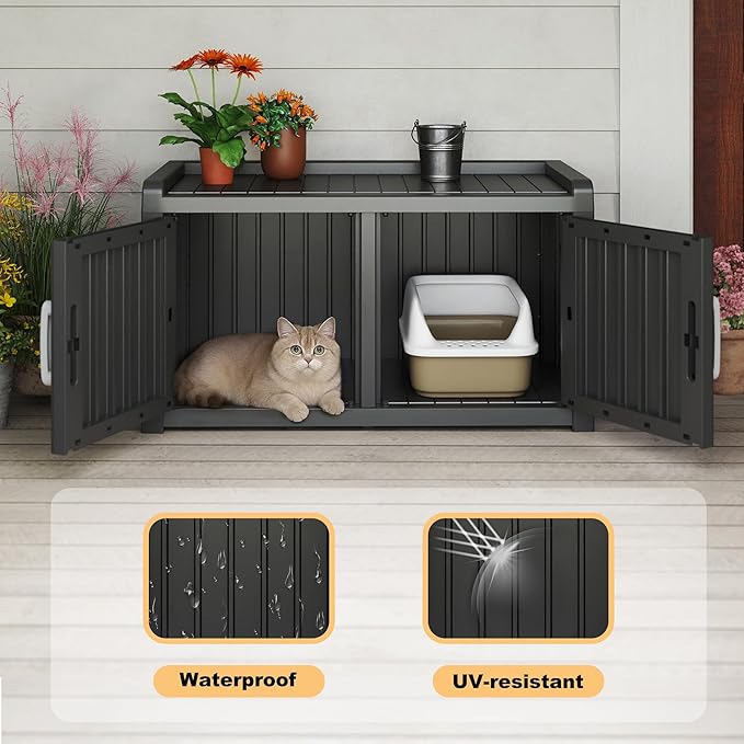 Cat Litter Box Enclosure Resin Hidden Cat Litter Box Furniture Multi-Functional Double Door Spacious Odorless Waterproof UV-Resistant Indoor Outdoor Use Black