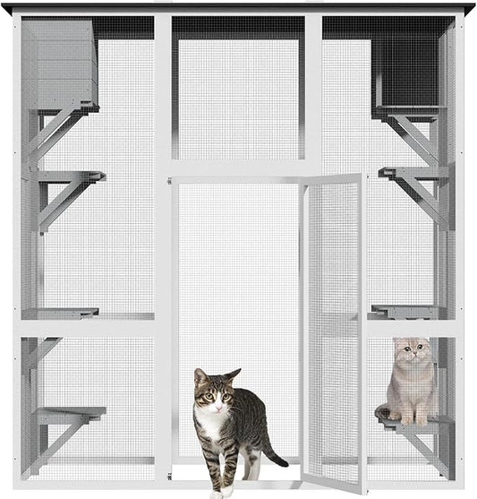 Catio Outdoor Cat Enclosure, Large Kitty House Cat Condo Playpen with Platforms & Living House for Mulitiple Cats with Waterproof Roof 71", White