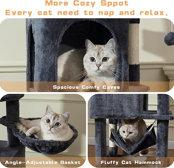 Cat Tree, 70-Inch Cat Tree Tower with Hammock, Scratching Post, Condo and Multi-Level Cat Tower, Large Cat Activity Center Playhouse, Dark Gray LCT015