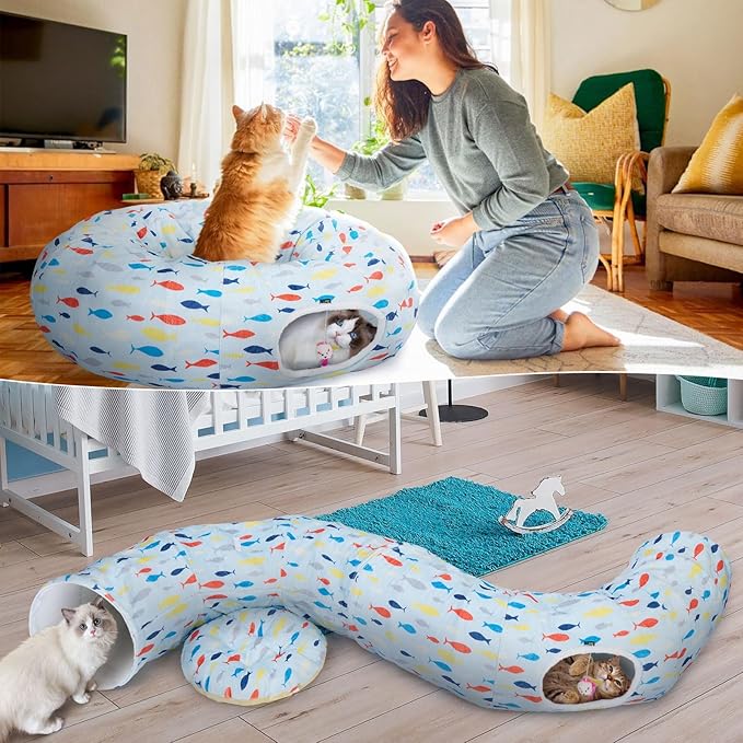 Ownpets Large Cat Tunnel Bed for for All Seasons, S-Shaped Soft Cat Donut Tunnel with Washable Cushion, Round Pet Pet Play Tunnel Toy for Kitten, Puppy, Rabbit, Blue