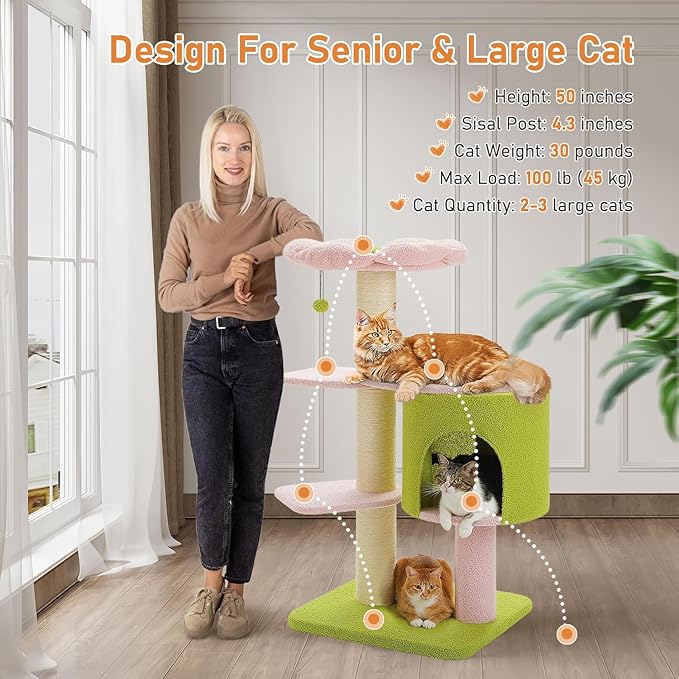50" Pink Flower Cat Tree for Large Heavy Cats, Maine Coon Cat Tower with Extra Thick Scratching Posts (φ4.3in), Spacious Cat Condo for Big Cats 20 lbs, Soft Top Bed-Green