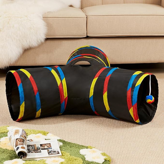 Tempcore 3 Way Collapsible Cat Tube Toys, Kitty Tunnel with Peek Hole Toy Ball, Black & Rainbow