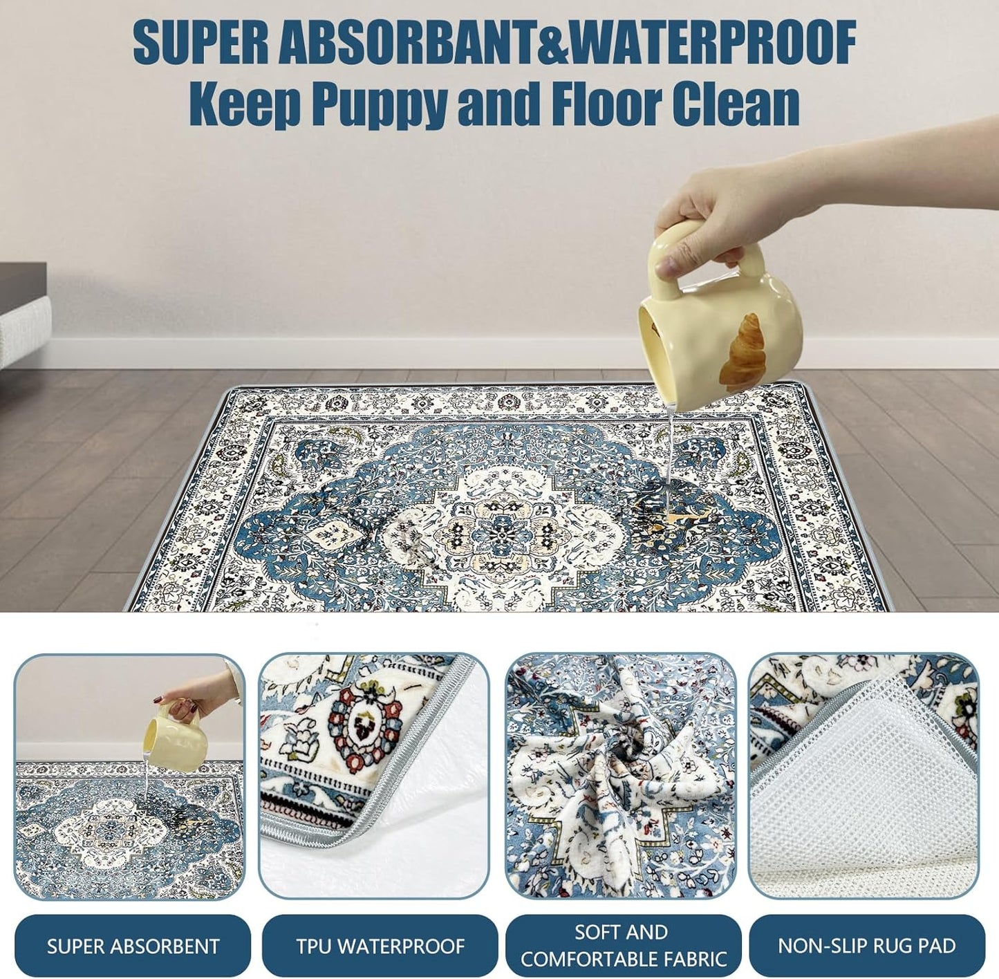 Washable Pee Pads for Dogs, (2 Pack, 36"x42") Upgrade Reusable Puppy Pads with Non-Slip Rug Pad, Super Thickening Absorbent Leakproof Dog Traning Pads Whelping Pad for Dogs, Doggie(Blue-1)