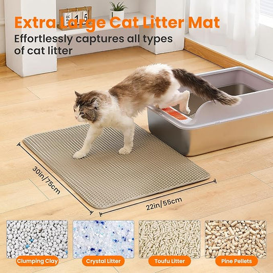 Extra Large Cat Litter Mat, 30x22 Inches Honeycomb Double Layer Cat Litter Trapping Mat, Non Slip Waterproof Urine Proof Large Kitty Litter Box Mat for Floor, Kitten Supplies, XL, Beige