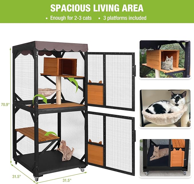 GUTINNEEN Cat House Outdoor Catio on Wheels 70.9" Cat Enclosure Perfect for 3-5 Cats,Waterproof Cover Kitty Shelter