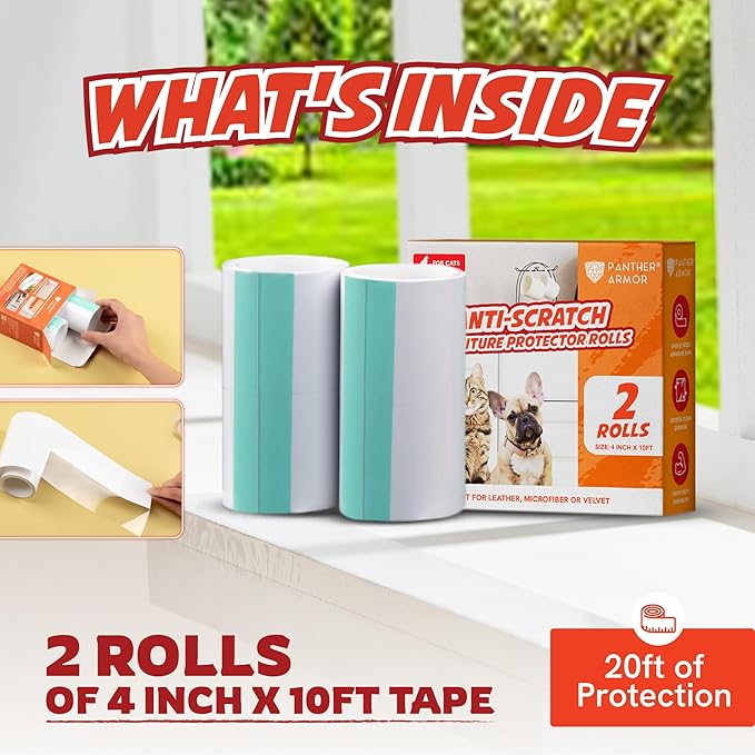 Panther Armor Anti Cat Scratch Furniture Protector Tapes, 2X Rolls, Furniture Scratch Guards for Cats, No Scratch Single Side Sticky Tape, 4in x 10ft, Transparent Gloss Protection
