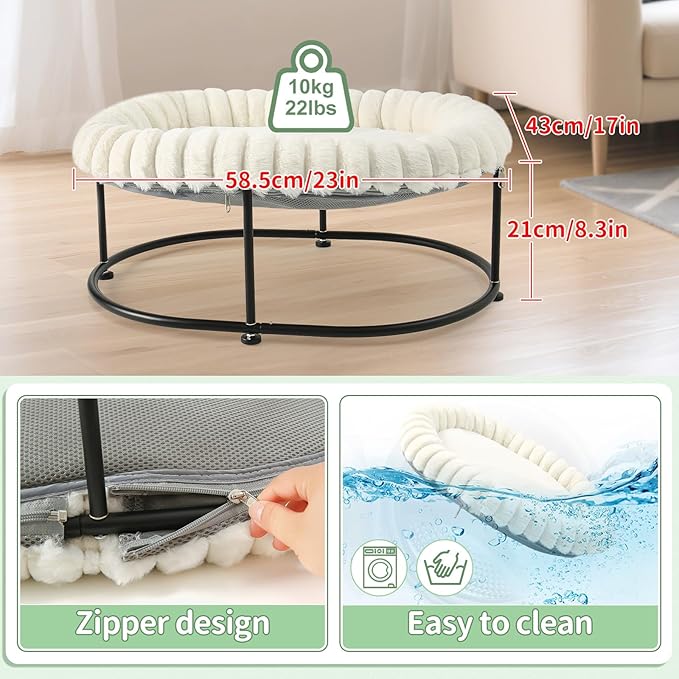 Sunhoo Elevated Cat Bed for Indoor Cats Raised Kitten Hammock Large High Puppy Cot Off Floor Self-Supporting Small Pet Chair with Metal Frame Washable Cushion Easy Assembly 23 * 17 * 8.3 in (White)
