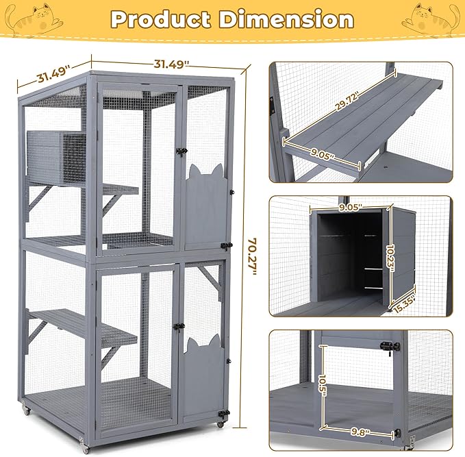 COZIWOW Catio Outdoor Cat Enclosure Window Access, Outdoor Cat House with Wheels, Cage for Cats Indoor(Grey, Medium)