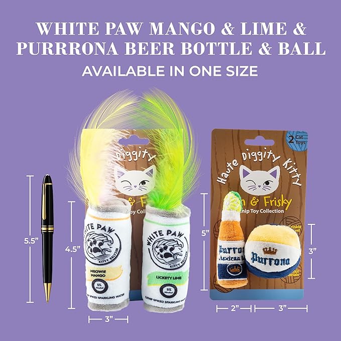 White Paw Mango & Lime + Purrrona Beer Bottle & Ball Set, Plush Cat Toys Catnip Filled with Interactive Crackle Sound, Safe & Durable Toys for Cat & Kitten, 4 Pcs