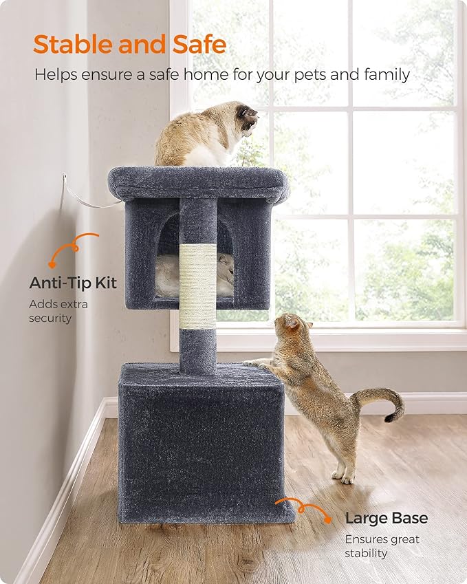 Feandrea Cat Tree, 39.8-Inch Cat Tower, XL, Cat Condo for Extra Large Cats up to 44 lb, Large Cat Perch, 2 Cat Caves, Scratching Post, Smoky Gray UPCT614G01