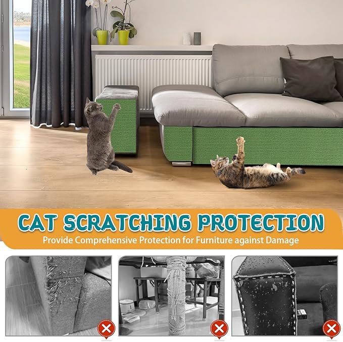 Climbing Cat Scratcher Mat Trimmable Cat Scratching Post Carpet 78.7’’x15.8’’ Self Adhesive Carpet Mat Pad Replacement for Cat Tree Shelves Post Couch Wall Furniture Steps DIY Protector (Green)