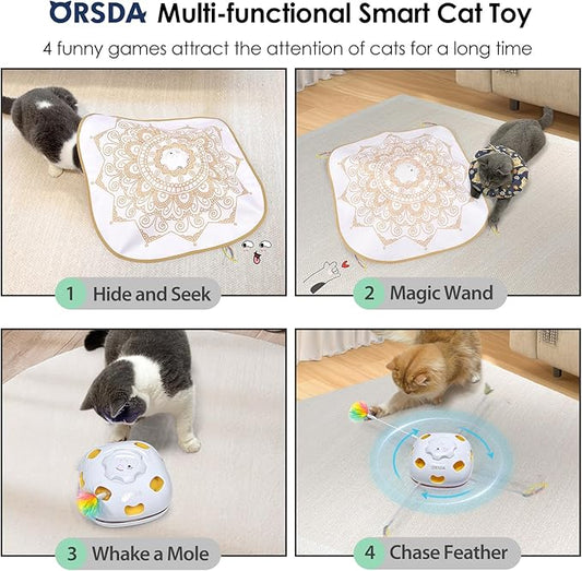 ORSDA Cat Toys for Indoor Cats, 4 in 1 Interactive Cat Toys, Automatic Cat Toy Kitten Toy, Rechargeable Electric Enrichment Toy for Cat Toy for Bored Indoor Adult Cats Hide and Seek, Whack-A-Mole