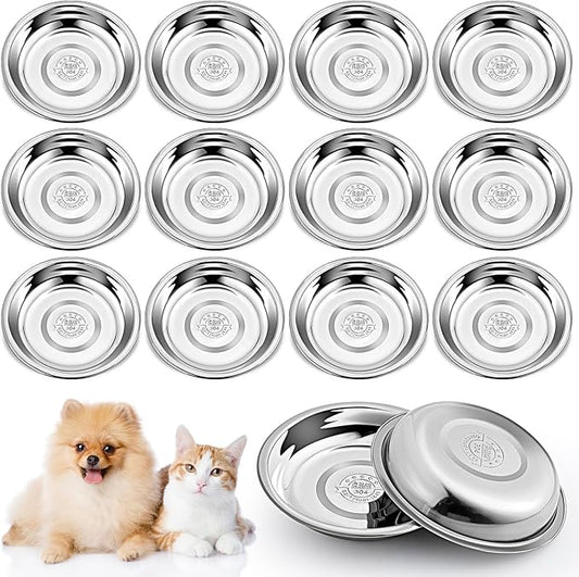 12 PCS Stainless Steel Cat Bowls,5.5 In Shallow Wide Cat Food Dishes,Whisker Fatigue Relief Cat Food Bowls,Replacement Basic Cat Plates for Elevated Stand,Metal Cat Bowls for Small Dogs&Cats