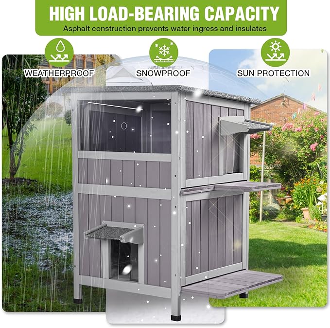 Heated Outdoor Cat House Insulated Weatherproof Kitten Shelter with Heating Pad and Insulated Liner, 2-Story Feral Cat House for Outside, Kitty Condo with 2 Escape Doors, Upgrade Anti-Bite Cable
