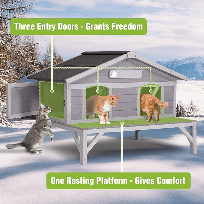 GUTINNEEN Insulated Outdoor Cat House Weatherproof with Detachable 100% Insulated Liner, 3 Entry Doors, Elevated Base & UV/Rain Protection - Indoor/Outdoor Kitty Shelter for Small-Medium Pets