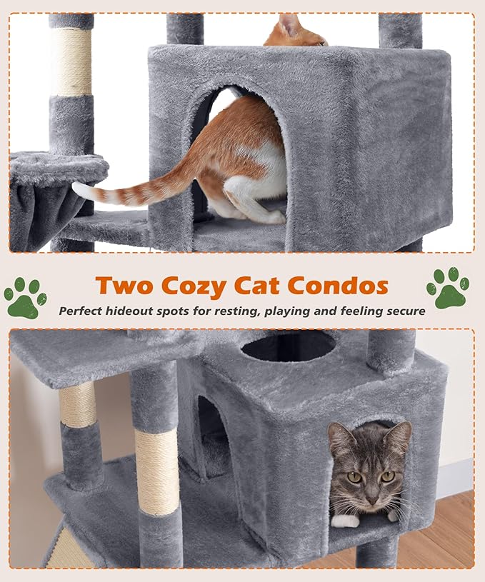 AMHANCIBLE Large Cat Tree, 83 Inch Multi-Level Tall Tower for Indoor Adult Cats, with Scratching Post and Board, Hammock, Condos, Hanging Basket, Activity Center to Play and Sleep, Grey, PT21GY