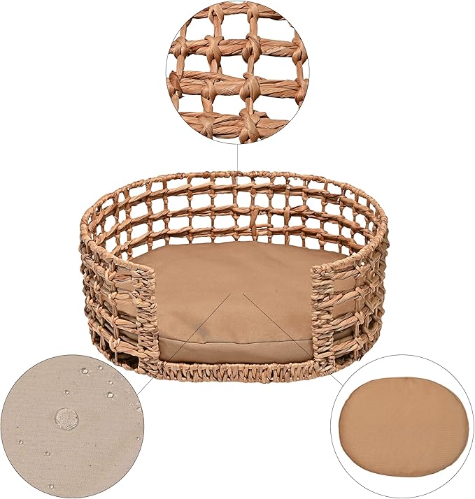 DBD4000A Gigi 24" x 18" Modern Bohemian Handwoven Hyacinth Open-Weave Oval Pet Bed with Machine-Washable Cushion, Natural