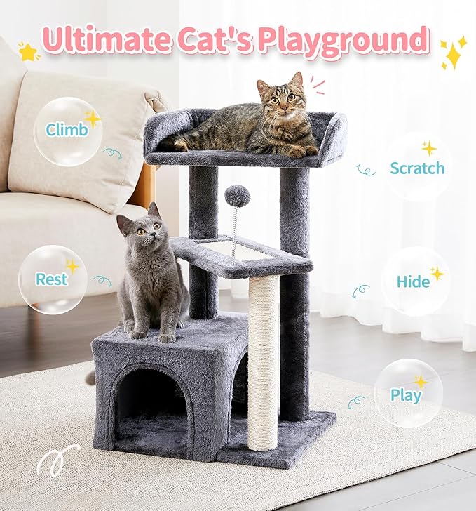 Made4Pets Cat Tree, Multi-Level Small Cat Tower for Indoor Cats, 29" Tall Cute Kitten Scratcher Condo with Sisal Scratching Post and Pad Steps, Plush Cat Cave with Pom-Pom for Small Kitty, Dark Grey