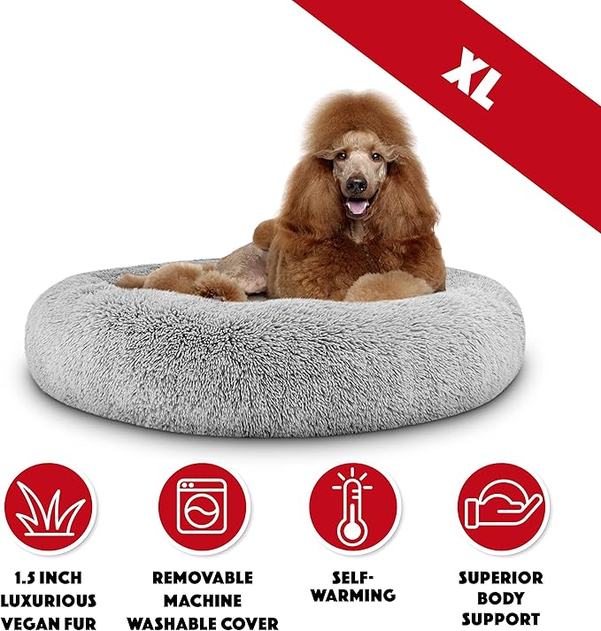 The Dog’s Bed Sound Sleep Donut Dog Bed, XL Silver Grey Fur Calming Nest Bed Removable Cover, Veterinary Approved