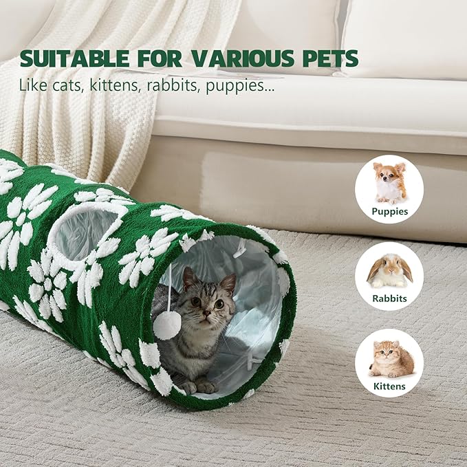 Straight Cat Tunnel for Indoor Cats 47"x12", Cute Cat Toys Collapsible Tunnel Tube with Balls for Puppy Kitten Rabbit, Green Flower