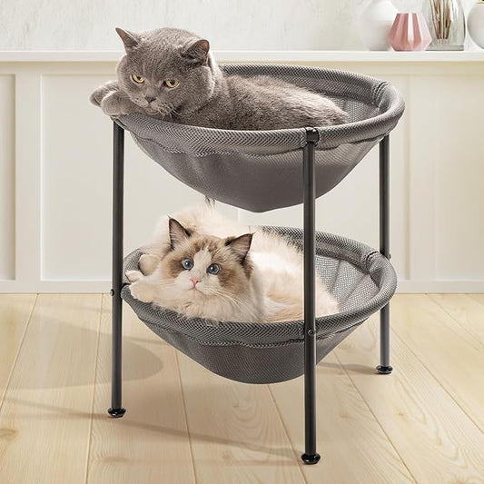 Double Cat Bed Grey, Breathable Kitty Bed for 2 Cats with 4 Adjustable Feet & Anti-Slip Mats, Easy Assembly Cat Hammock for Multi-cat Household, Indoors & Outdoors, 22.8 in x18.7 in x 18.7 in