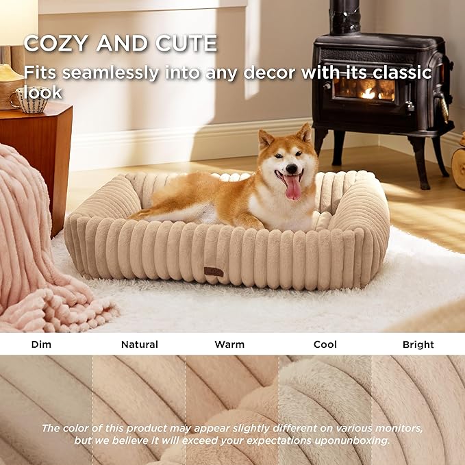 Bedsure Cute Dog Beds Large Sized Dog - Washable Furry Pet Beds, Rectangle Orthopedic Corduroy Fleece Puppy Beds with Removable Zipper Cover, 36x27x8inches,Sandy Tan