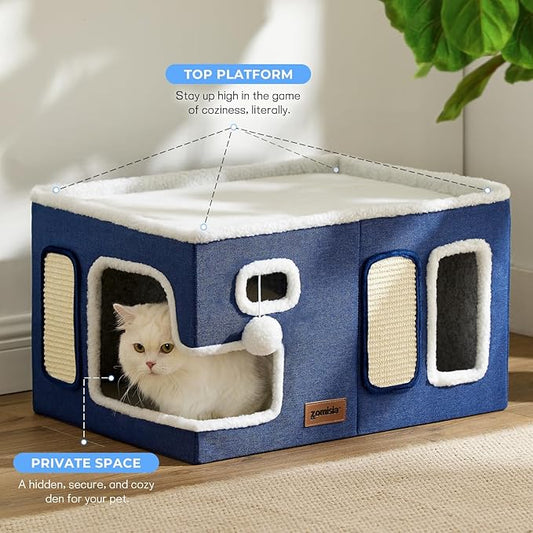 Extra-Wide Cat House for Indoor Cats - Large Cat House for Pet with Fluffy Ball Hanging and Scratch Pad, Foldable Cat Hideaway for Multi Cats, 23x16.5x13 inches, Grey