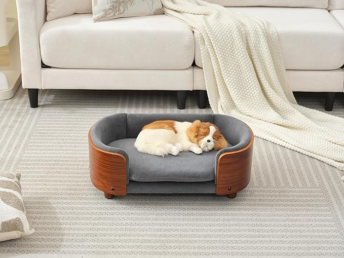 HomSof 26.38" Scandinavian Style Elevated Dog Cat Bed Pet Sofa with Solid Wood Legs and Bent Wood Back with Velvet Cushion,Small Size，Grey+Brown