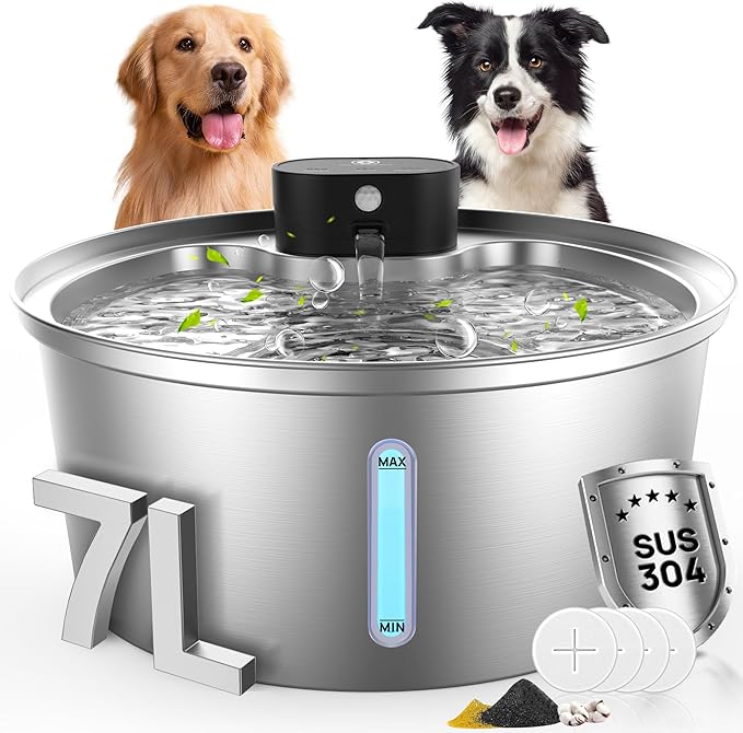 Dog Water Fountain for Large Dogs, 2025 Upgraded Fully Stainless Steel Automatic Dog Water Bowl Dispenser - 3 Work Modes, 6000mAh Battery Operated Dog Water Fountain Cordless - 7L/1.8Gal/236oz