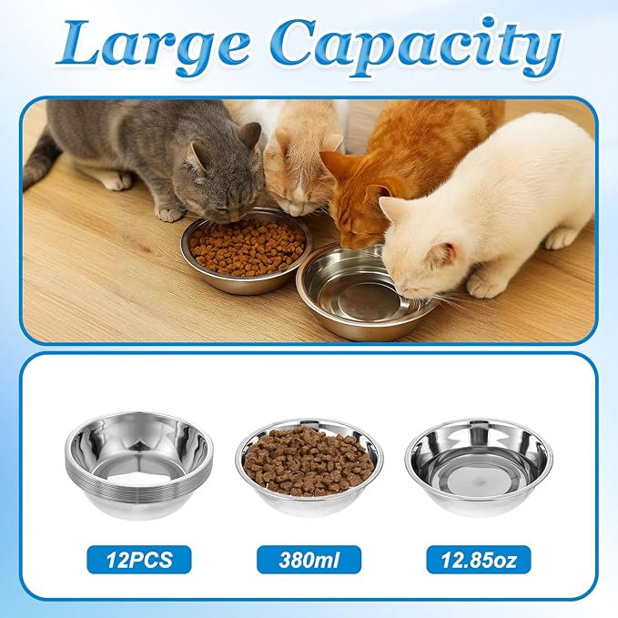 12 PCS Stainless Steel Cat Bowls, 5.5 Inch Metal Cat Bowls Whisker Friendly, Pet Bowl, Replacement Elevated Food Water Dishes for Kitten