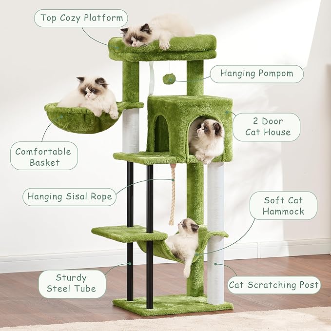 Cat Tree, Cat Tower for Indoor Cats, 43.3 inch Cat Tree Tower with Sturdy Steel Tube, Hammock, Cat Condo for Small Cats and Kittens, Scratching Post, Green GCT004SGR