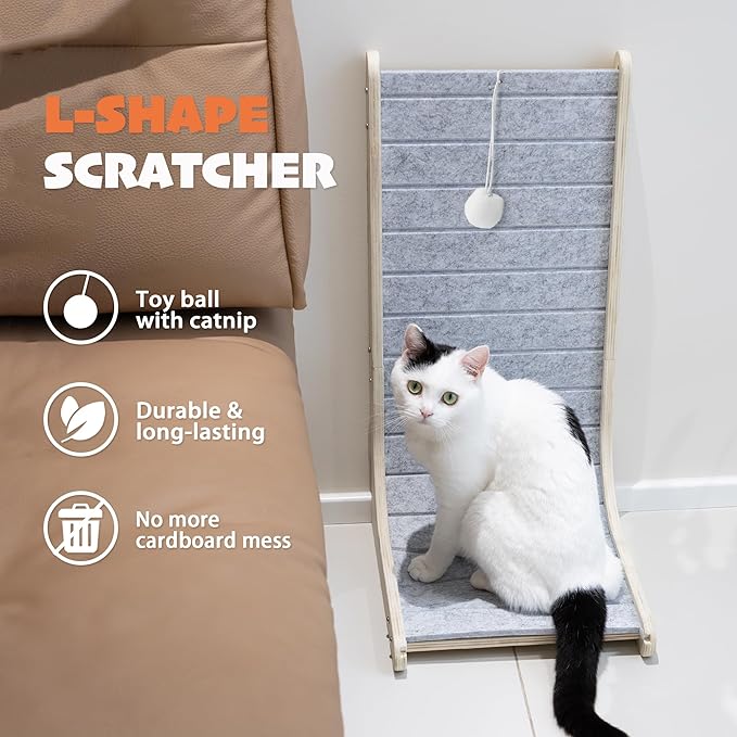 PETKARAY Felt Cat Scratcher, Vertical Cat Scratching Pad, Scratch Resistant Couch Carpet Scratcher, Slot-Free Scratch Board with Toy Ball, Light Grey