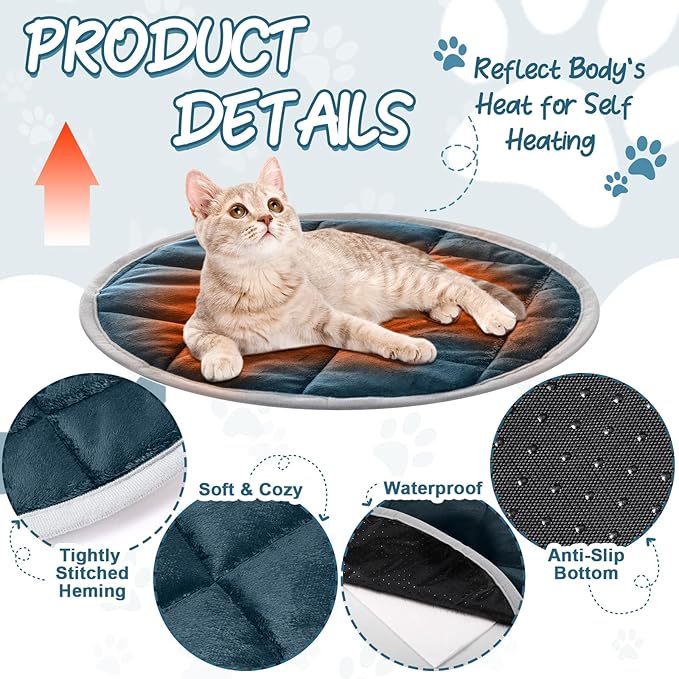 2 Pcs Cat Heating Pad Round 16 Inch Self Heating Cat Mat Washable Heated Bed Anti Slip Warming Pad Pet Bed Mat for Kennel Dog Crate Indoor Outdoor(Blue,16 Inch)