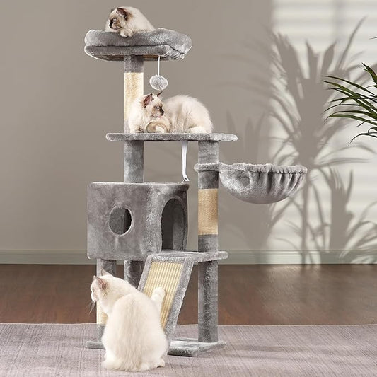 Hey-brother Cat Tree, 42.5-Inches Cat Tower for Indoor Cats, Plush Multi-Level Kitten Cat Condo with Scratching Post,Ramp, Basket, Spacious Cat Cave, Hanging Ball, Light Gray MPJ007SW